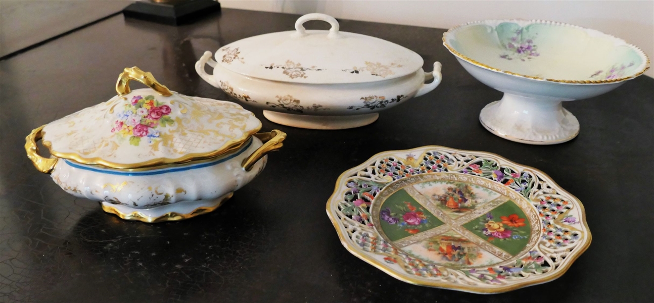 4 Pieces of China including Knowles, Hand Painted, Dresden Bavaria Pierced Plate, and Hand Painted Compote with Violet Flowers - Compote Measures 3 1/2" tall 9" Across