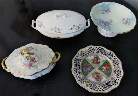4 Pieces of China including Knowles, Hand Painted, Dresden Bavaria Pierced Plate, and Hand Painted Compote with Violet Flowers - Compote Measures 3 1/2 tall 9 Across