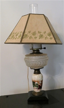Hand Painted Oil Lamp with - Floral Base with Glass Font - Some Separation of Metal Between Base and Font - Lamp Has Not Been Drilled - Measures 12 To Bulb 