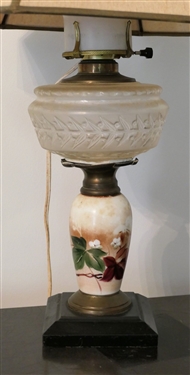 Hand Painted Oil Lamp with - Floral Base with Glass Font - Some Separation of Metal Between Base and Font - Lamp Has Not Been Drilled - Measures 12 To Bulb 