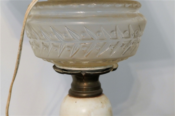 Hand Painted Oil Lamp with - Floral Base with Glass Font - Some Separation of Metal Between Base and Font - Lamp Has Not Been Drilled - Measures 12 To Bulb 