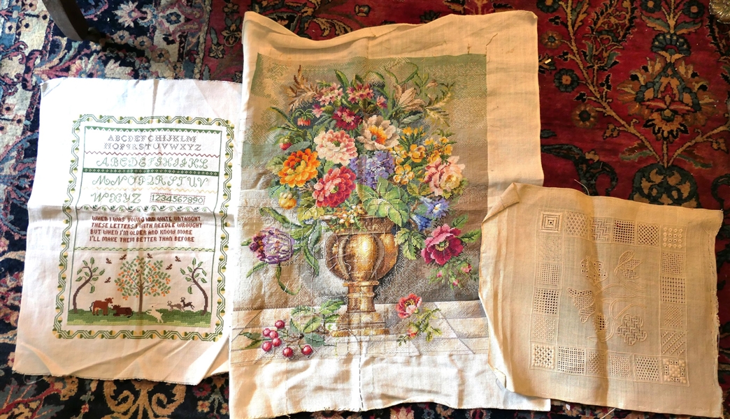 3 Hand Stitched Needlework Pieces - Sampler, Large Urn, and Linen Piece with White Embroidery - Urns - Measures 24" by 20" 