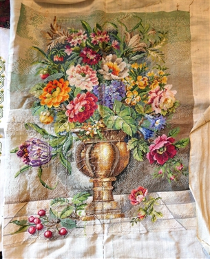 3 Hand Stitched Needlework Pieces - Sampler, Large Urn, and Linen Piece with White Embroidery - Urns - Measures 24 by 20 