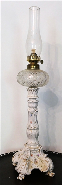 Dresden Candle Stick Fitted With Oil Lamp Font - Candle Stick Measures 10 1/2" Tall Overall Measures 20 1/2"