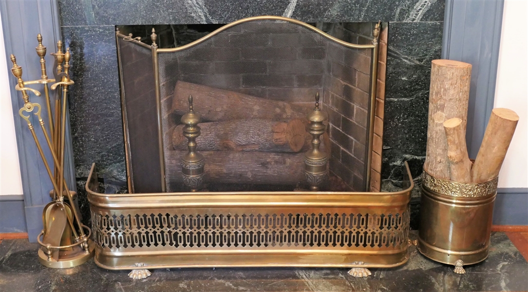 Brass Fireplace Set including Andirons, Fire Tools, Brass Claw Foot Skirt, Brass Embossed Bucket, and Fire Screen