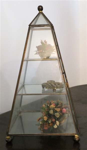 Glass and Brass Pyramid Display Box with Miniature Dried Floral Arrangements and Harp - Measures 12 1/2" Tall Bottom Measures 6" by 6"