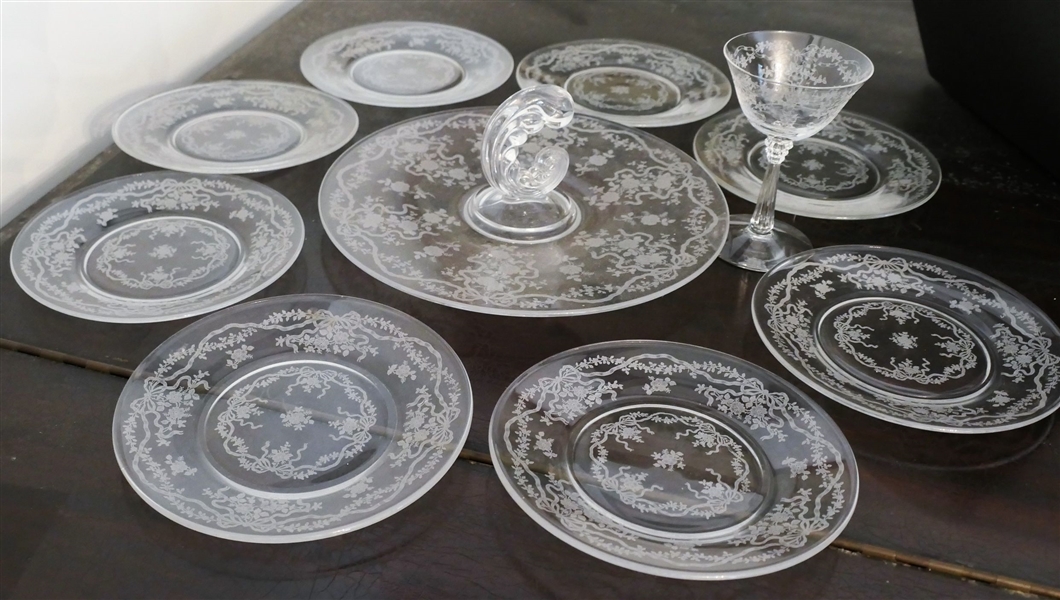 Fostoria "Romance" Pattern - 8 - 8" Desert Plates, Handled Server, and 1 Goblet