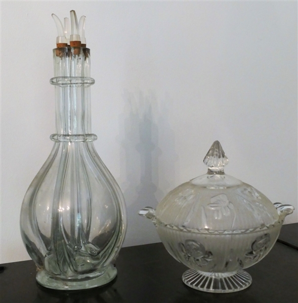 Clear Iris and Herringbone Candy Dish and Made in France 4 Section Decanter - Iris Dish Measures 6" Tall 6" Across