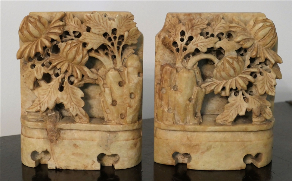 Pair of Carved Soapstone Bookends - Measuring 5" Tall 4 1/2" Across