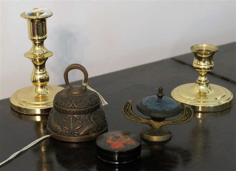 2 Baldwin Brass Candle Sticks, Oriental Brass Bell, Miniature Brass Lidded Dish, and Russian Black Lacquer Pill Box - "Gathering Berries" by Kirov - Tallest Candle Stick Measures 5" - Russian Box...