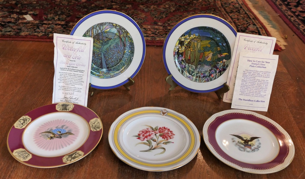 Group of Collectors Plates including 2 - The Hamilton Collection "Stained Glass Plates" and 3 Woodmere China "White House China Collection" Limited Edition Plates 