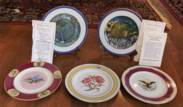 Group of Collectors Plates including 2 - The Hamilton Collection Stained Glass Plates and 3 Woodmere China White House China Collection Limited Edition Plates 