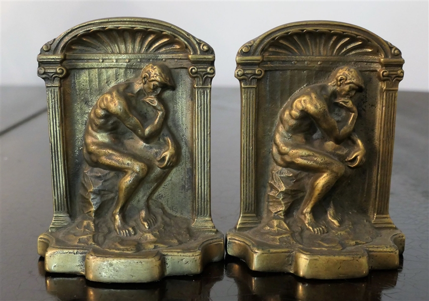 Pair of Heavy Brass / Bronze "Thinker" Bookends - Measuring 5 1/2" Tall 