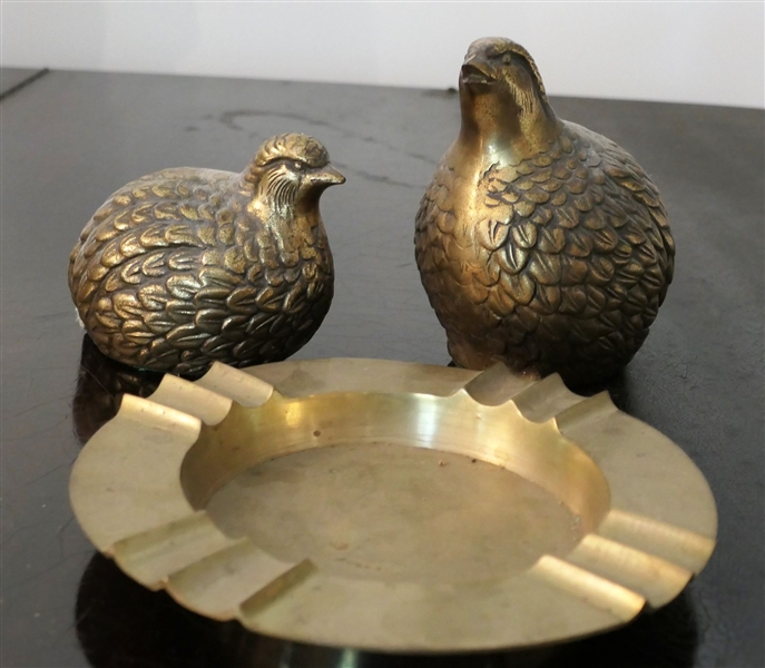 2 Brass Quails and Brass Ash Tray - Largest Quail Measures 6" tall 