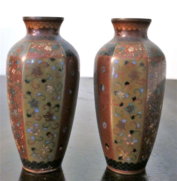 Pair of Nice Floral Cloisonne Vases Measuring 7 1/2" Tall 