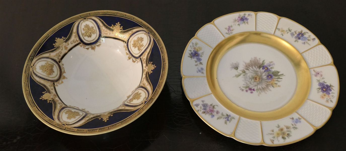 Rosenthal Bavaria Floral Plate and Noritake Japan Blue And Gold Decorated Bowl - Plate Measures 10" Across Bowl 9" Across