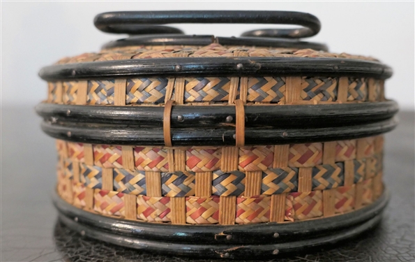 Nice Little Hand Woven Sewing Basket with Lid with Pieces of Tatting Inside - Basket Measures 2 1/2 Tall 6 Across