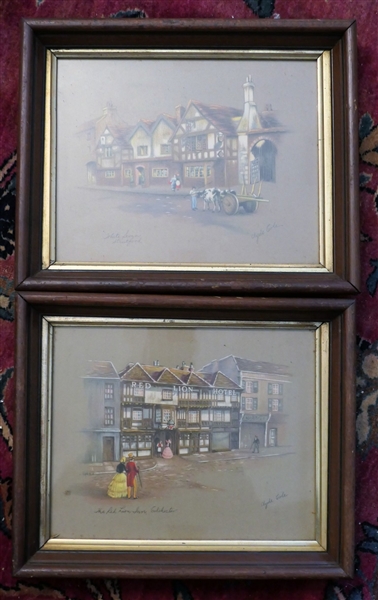 2 Framed Drawings by Clyde Cole - Framed in Walnut Shadow Box Frames - "White Swan - Stratford" and "The Red Lion Inn - Gloucester" - Each Frame Measures 9 1/2" by 12" 