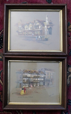 2 Framed Drawings by Clyde Cole - Framed in Walnut Shadow Box Frames - White Swan - Stratford and The Red Lion Inn - Gloucester - Each Frame Measures 9 1/2 by 12 