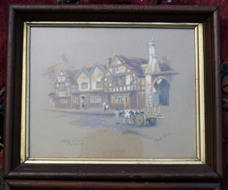 2 Framed Drawings by Clyde Cole - Framed in Walnut Shadow Box Frames - White Swan - Stratford and The Red Lion Inn - Gloucester - Each Frame Measures 9 1/2 by 12 