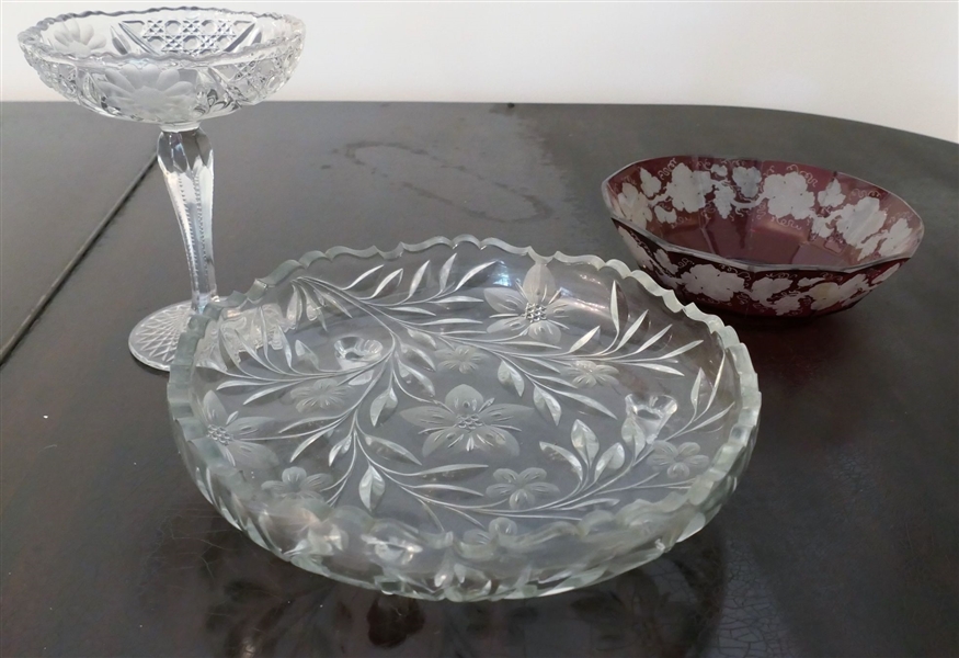 Ruby Cut To Clear Bowl with Grapes and Leaves, Round Footed Bowl with Satin Flowers, and Tall Compote with Satin Flowers - Footed Bowl Measures 12" Across - Compote Measures 8 1/2" tall 