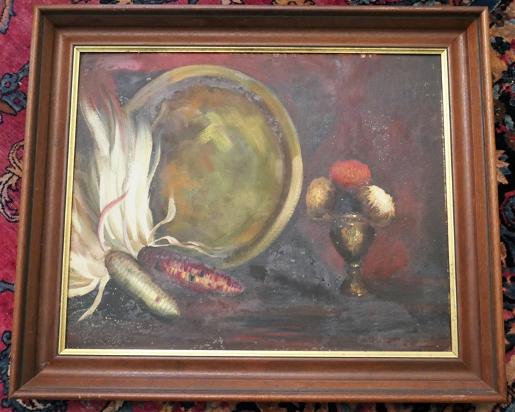 Still Life Oil on Board Painting of Corn in Walnut Shadow Box Frame - Frame Measures - 20" by 24" 
