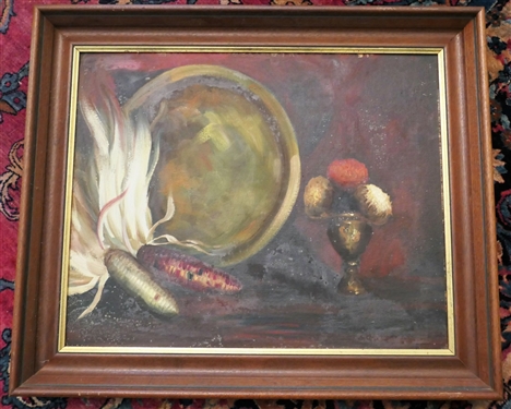 Still Life Oil on Board Painting of Corn in Walnut Shadow Box Frame - Frame Measures - 20 by 24 