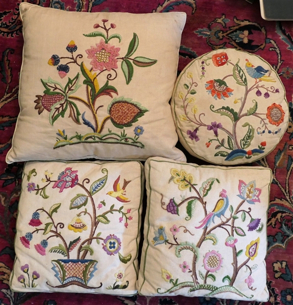 4 - Hand Stitched Crewelwd Pillows with Birds and Flowers - Round Pillow Measures 12" Across - Need Cleaning 