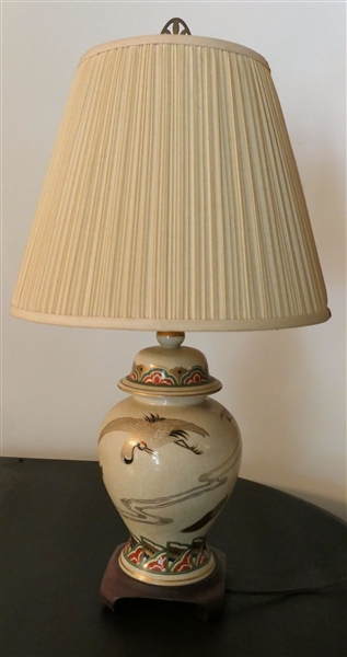 Asian Ginger Jar Style Table Lamp with Flying Cranes and Turtles - Lamp Measures 16" Tall 