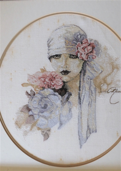 "Sara Moon" Hand Stitched Needlework Portrait - Framed and Matted - Walnut Frame Measures 21" by 20" 
