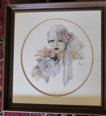 Sara Moon Hand Stitched Needlework Portrait - Framed and Matted - Walnut Frame Measures 21 by 20 
