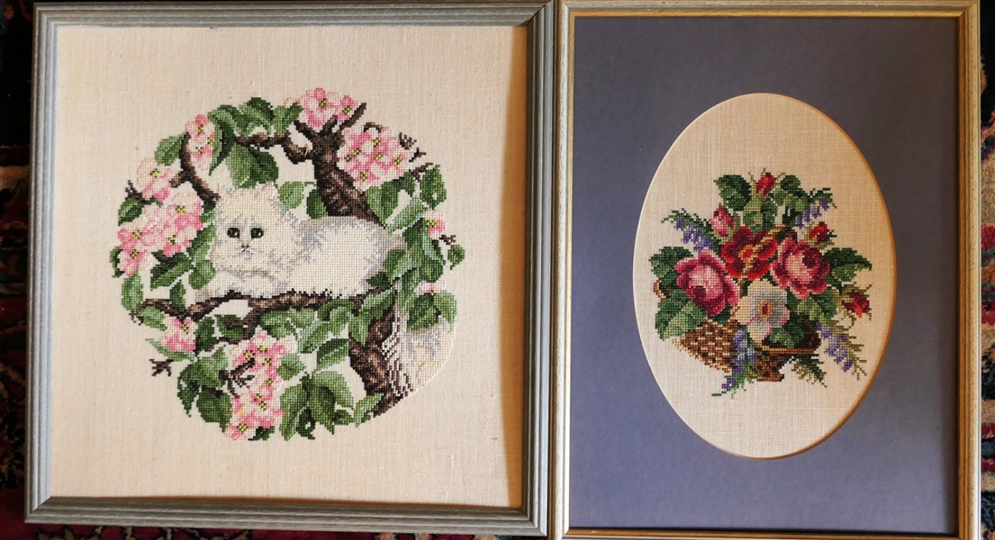2 Hand Stitched Needleworks - Basket of Flowers and White Cat in Dogwood Tree - Both Framed - No Glass in Framed - Cat Frame Measures 16 1/4" by 16 1/4" 