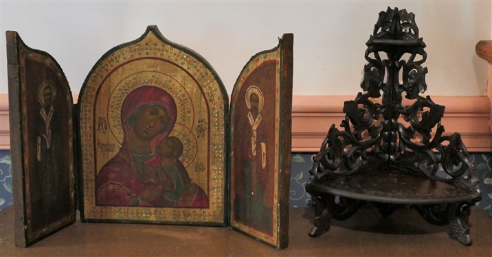 Religious Icon Folding Plaque and Folding Intricately Carved Small What Not Shelf - Folding Plaque Measures 12 Tall 9 Across