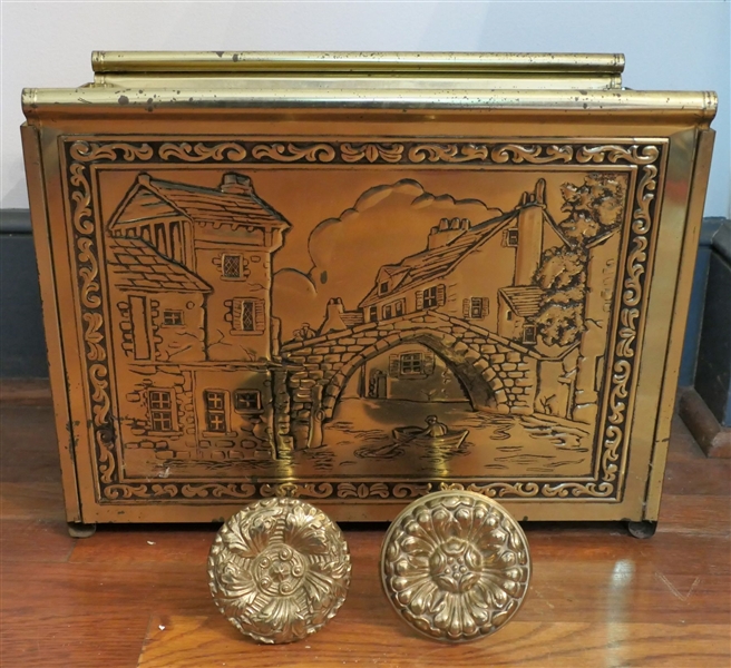 Pair of Brass Curtin Tie Backs and Embossed Brass Holder - Measuring 12" Tall