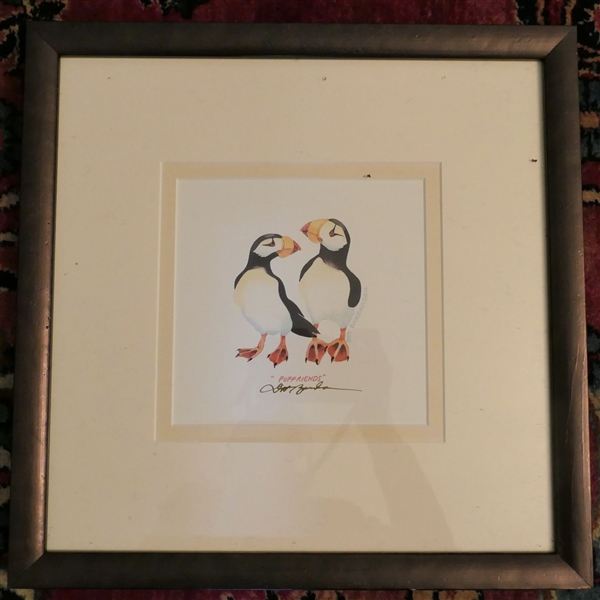 "Puffriends" Puffin Print by Artist Dot Bardarson - Artist Signed - Framed and Matted - Frame Measures 13 1/4" by 13 1/4"