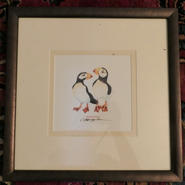 Puffriends Puffin Print by Artist Dot Bardarson - Artist Signed - Framed and Matted - Frame Measures 13 1/4 by 13 1/4