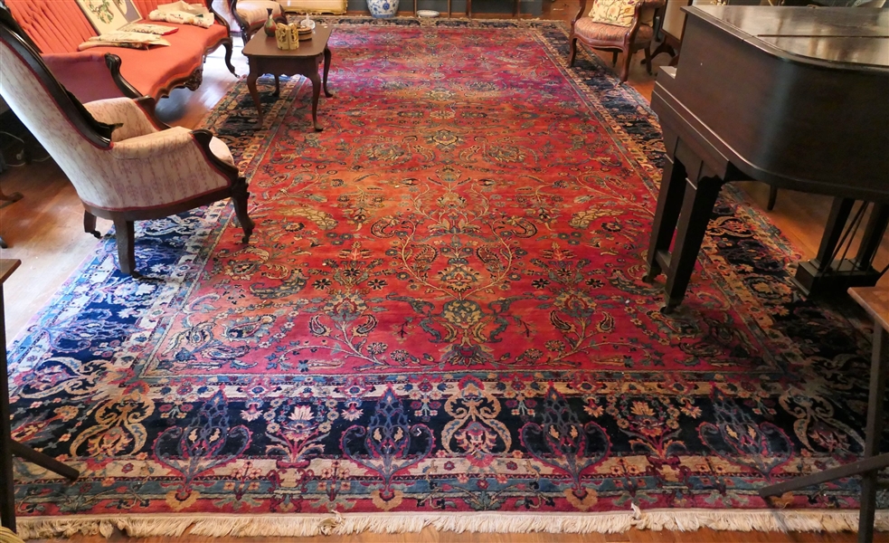 Large Antique Persian Rug - Finely Hand Knotted - Red Background with Navy, Green, and Beige Designs - Navy Border - Measures 199" by 99"