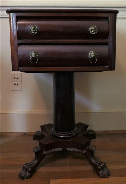 1850s Mahogany Claw Foot 2 Drawer Stand - Lions Head Pulls - Measures 28" Tall 17 1/2" Tall by 15 1/2" 