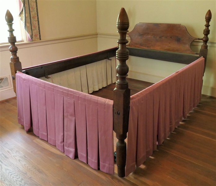 Antique Full Sized Wood Poster Bed - Turned Posts - Wood Rails - Bolted Construction  