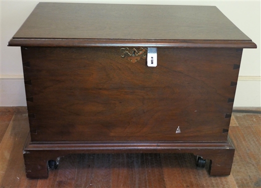 Mahogany Dovetailed Case Rolling Storage Box - Rolls Easily - Has Removable Rails To Be Used For File Cabinet- Has A Metal Hasp Added - Box Measures - 18 1/2 tall 26 by 16 - Some Scuffs to Front...