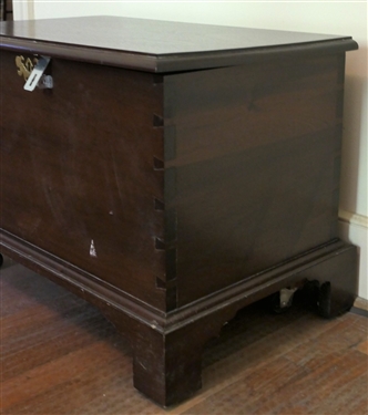 Mahogany Dovetailed Case Rolling Storage Box - Rolls Easily - Has Removable Rails To Be Used For File Cabinet- Has A Metal Hasp Added - Box Measures - 18 1/2 tall 26 by 16 - Some Scuffs to Front...