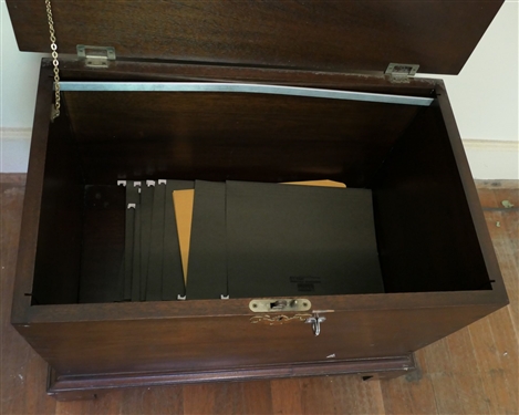Mahogany Dovetailed Case Rolling Storage Box - Rolls Easily - Has Removable Rails To Be Used For File Cabinet- Has A Metal Hasp Added - Box Measures - 18 1/2 tall 26 by 16 - Some Scuffs to Front...