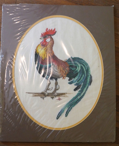 Beautiful Needlework Rooster - Hand Stitched - Matted - Measures 20" by 16 1/2" 