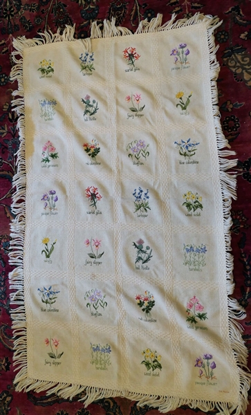 Throw Blanket with Hand Stitched Flowers - by Rollins - Throw Measures 58" by 32"