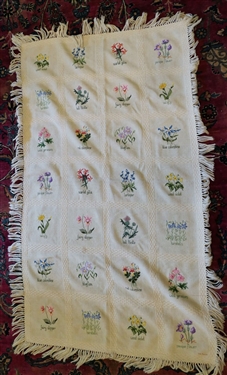 Throw Blanket with Hand Stitched Flowers - by Rollins - Throw Measures 58 by 32