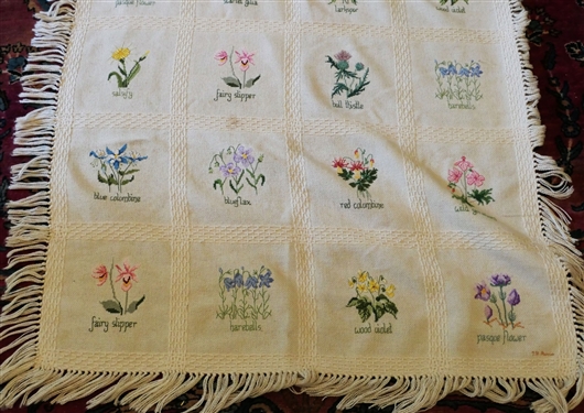 Throw Blanket with Hand Stitched Flowers - by Rollins - Throw Measures 58 by 32
