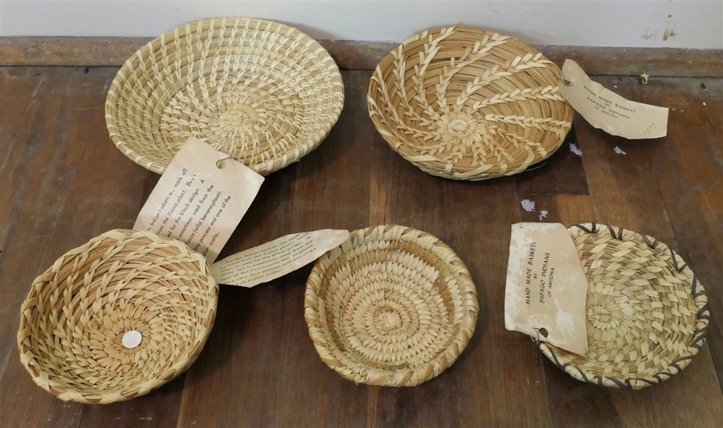 5 - Hand Made Baskets by Papago Indians of Arizona - Hand Made From The Yucca Plant with Black Accents From Devils Claw - Smaller Baskets Measure 5" Across - Largest 7 1/4"