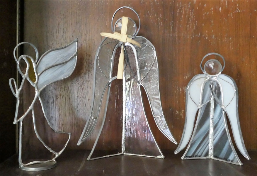 3 Handmade Leaded Glass Angels - One Signed Macy Laney 1991 - Largest Measures 13" Tall