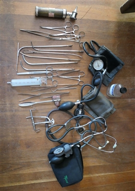 Lot of Doctor's Instruments - Stethoscopes, Blood Pressure Cuffs, Otoscope, Glass Syringe, Medicine bottle, and Other Instruments 