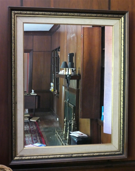 Walnut, Gold, and Linen Framed Mirror - Frame Measures 39" by 31" 